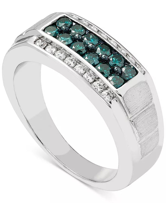 Stunning 1 Ct. T.W. Blue & White Diamond Men's Ring in 10K White Gold