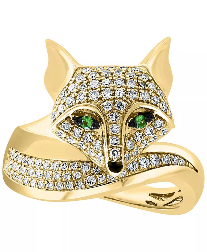 Stunning EFFY® 14K Gold Fox Ring with 3/8 Ct. T.W. Diamonds & Tsavorite Accents