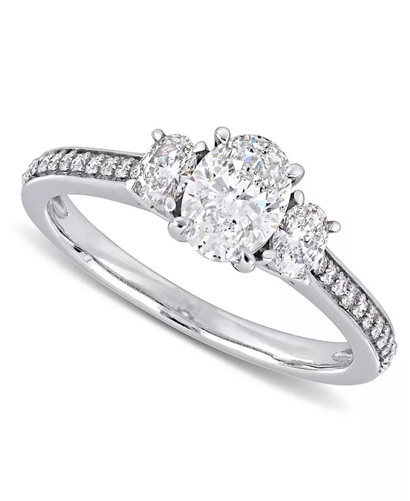 Stunning 1-1/10 Ct. T.W. Diamond Oval Three Stone Engagement Ring in Elegant 14K White Gold