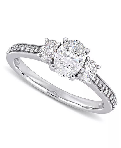 Stunning 1-1/10 Ct. T.W. Diamond Oval Three Stone Engagement Ring in Elegant 14K White Gold
