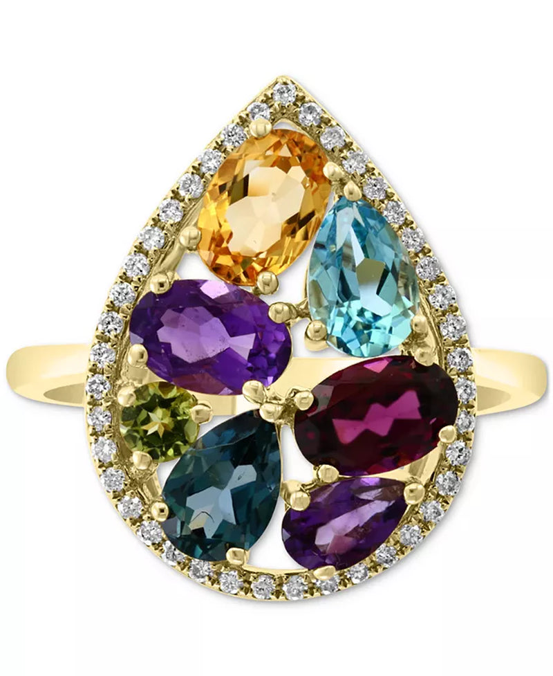 Stunning EFFY® 14K Gold Pear Halo Statement Ring with Multi-Gemstones (3-1/4 Ct. T.W.) & Diamonds (1/6 Ct. T.W.)