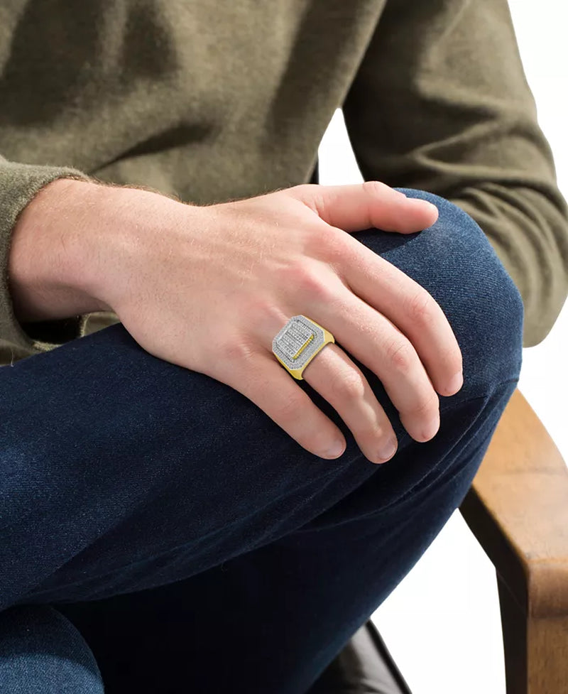 Stunning 1-1/4 Ct. T.W. Men's Diamond Halo Cluster Ring in 10K Gold - Round & Baguette Design