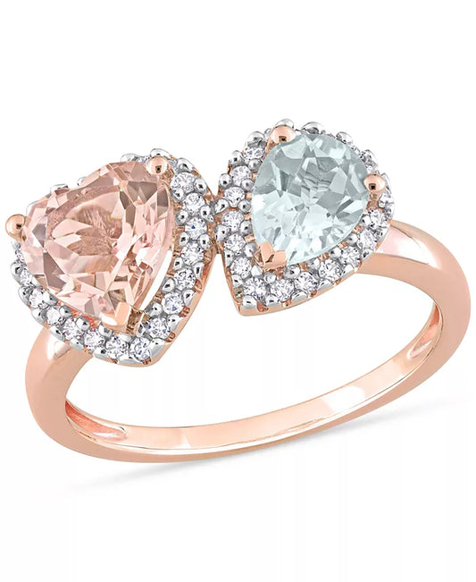 Stunning Two-Stone Morganite & Aquamarine Ring with Diamonds in 14K Rose Gold
