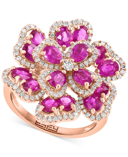 Stunning EFFY® 14K Rose Gold Ruby & Diamond Flower Ring - 3.75 Ct. T.W. Ruby & 0.625 Ct. T.W. Diamond