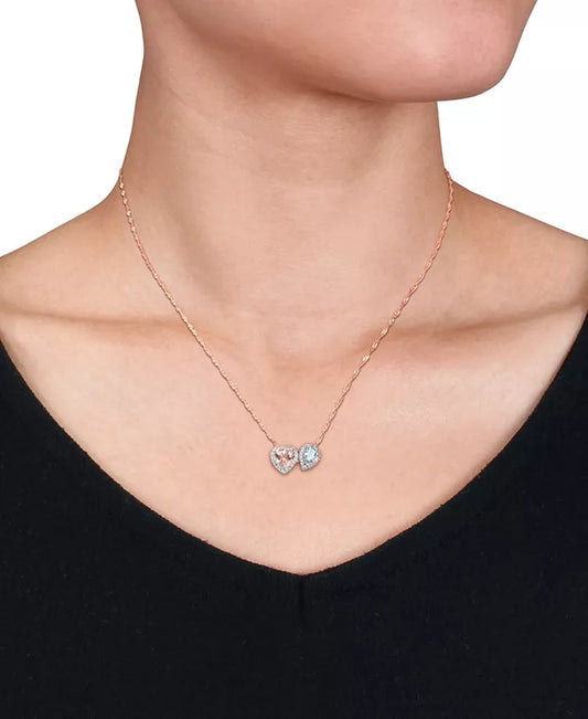 Stunning Two-Stone Halo Pendant Necklace in 14K Rose Gold with Morganite, Aquamarine, and Diamonds