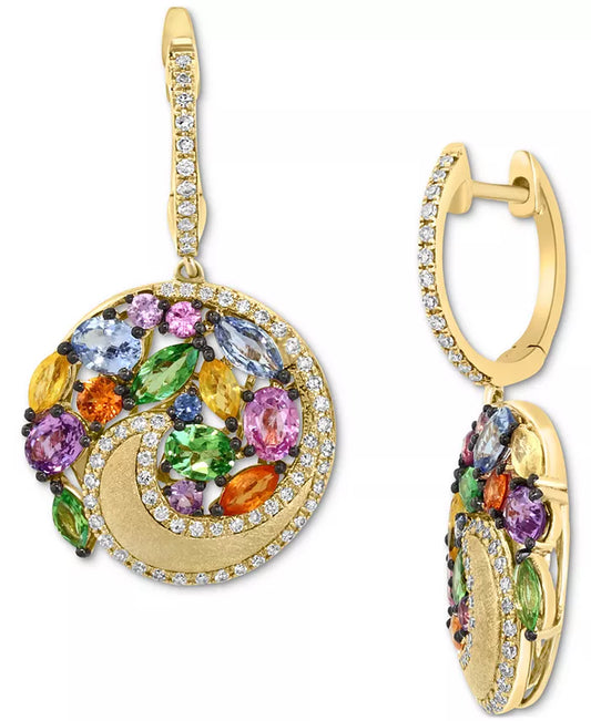 Stunning EFFY® 14K Gold Multi-Gemstone & Diamond Swirling Circle Dangle Hoop Earrings - 3-1/6 Ct. T.W.