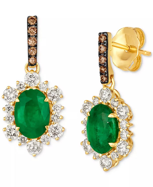 Stunning Costa Smeralda Emerald & Diamond Halo Drop Earrings in 14K Gold - 1-1/3 Ct. T.W. Emeralds & 3/4 Ct. T.W. Diamonds