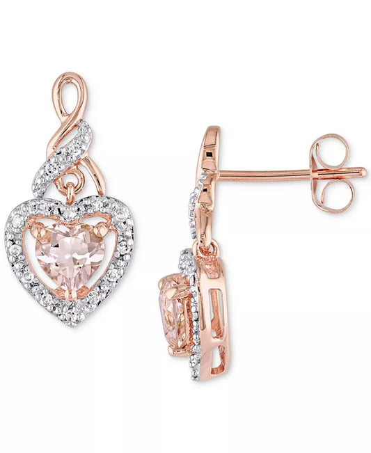 Stunning 1 Ct. Morganite & 1/8 Ct. Diamond Heart Drop Earrings in 10K Rose Gold