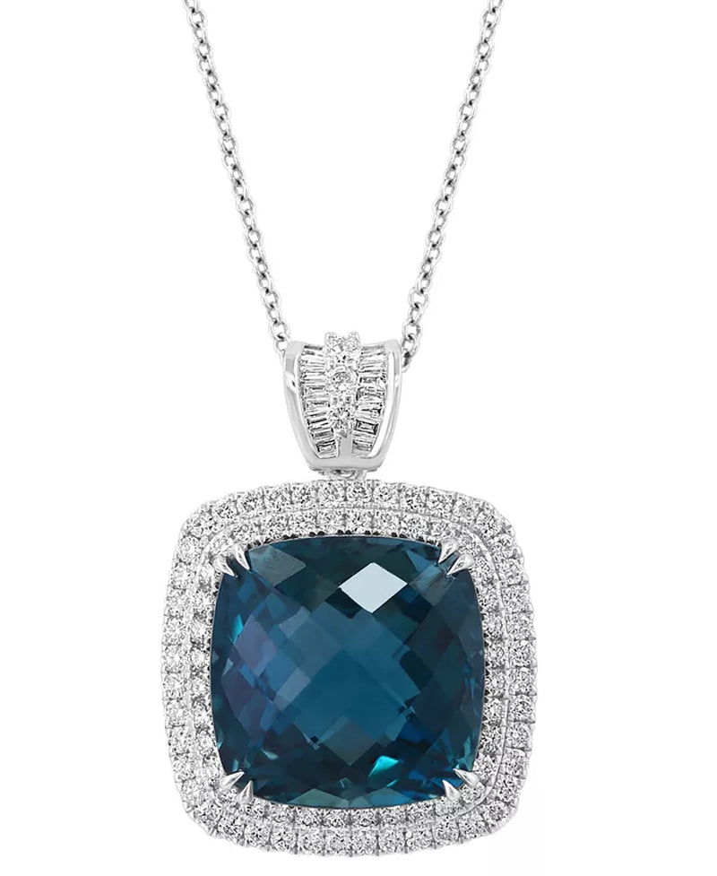 Stunning EFFY® London Blue Topaz & Diamond Halo Pendant Necklace in 14K White Gold - 11.75 Ct. T.W.