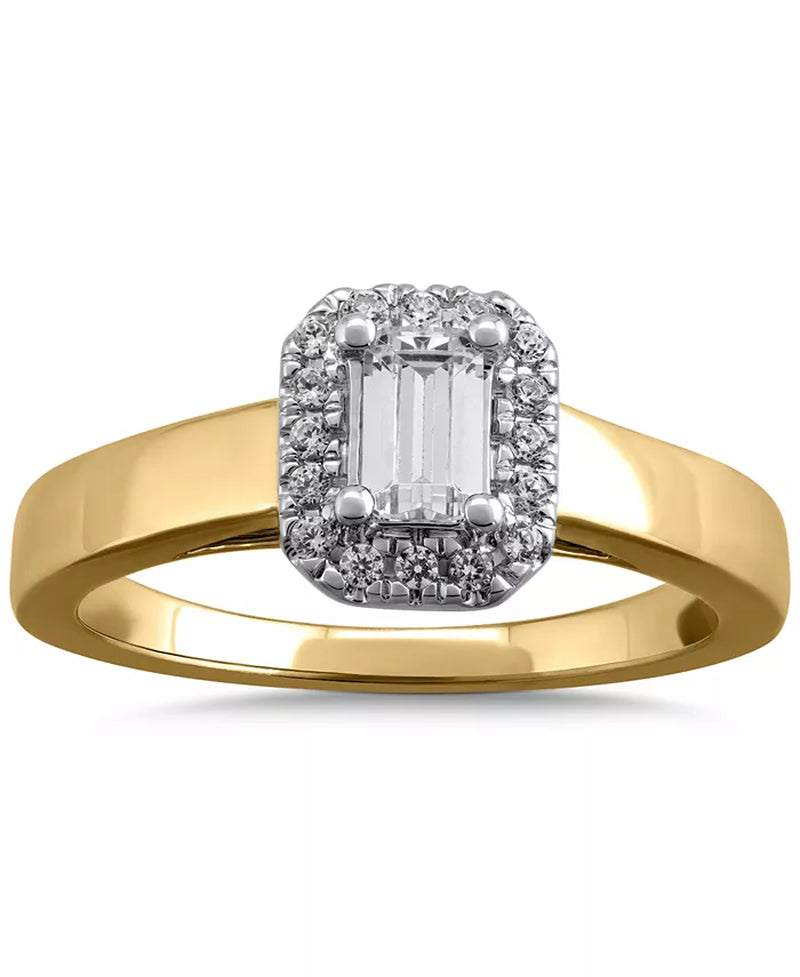 Stunning 1/2 Ct. T.W. Diamond Emerald-Cut Halo Engagement Ring in Luxurious 14K Gold