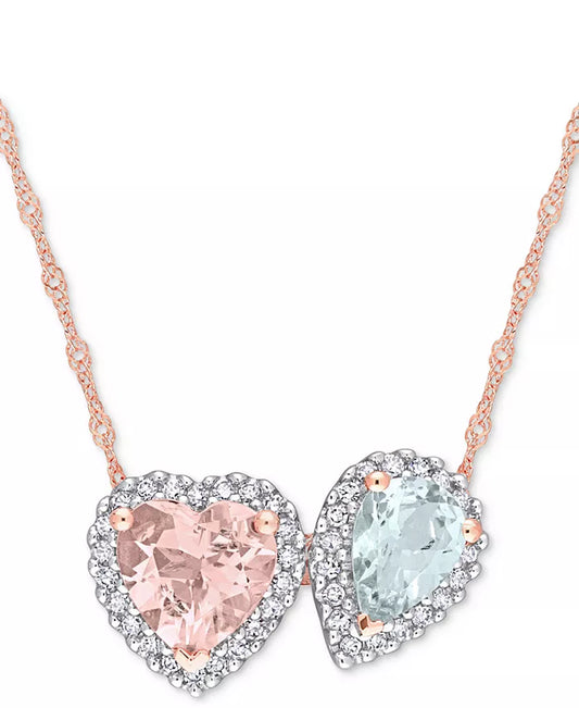 Stunning Two-Stone Halo Pendant Necklace in 14K Rose Gold with Morganite, Aquamarine, and Diamonds