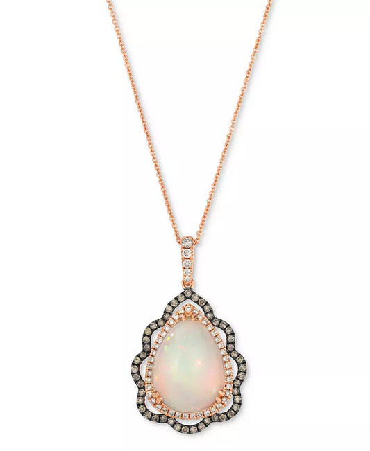 Stunning 14K Strawberry Gold Pendant Necklace with Neopolitan Opal, Nude & Chocolate Diamonds - 20