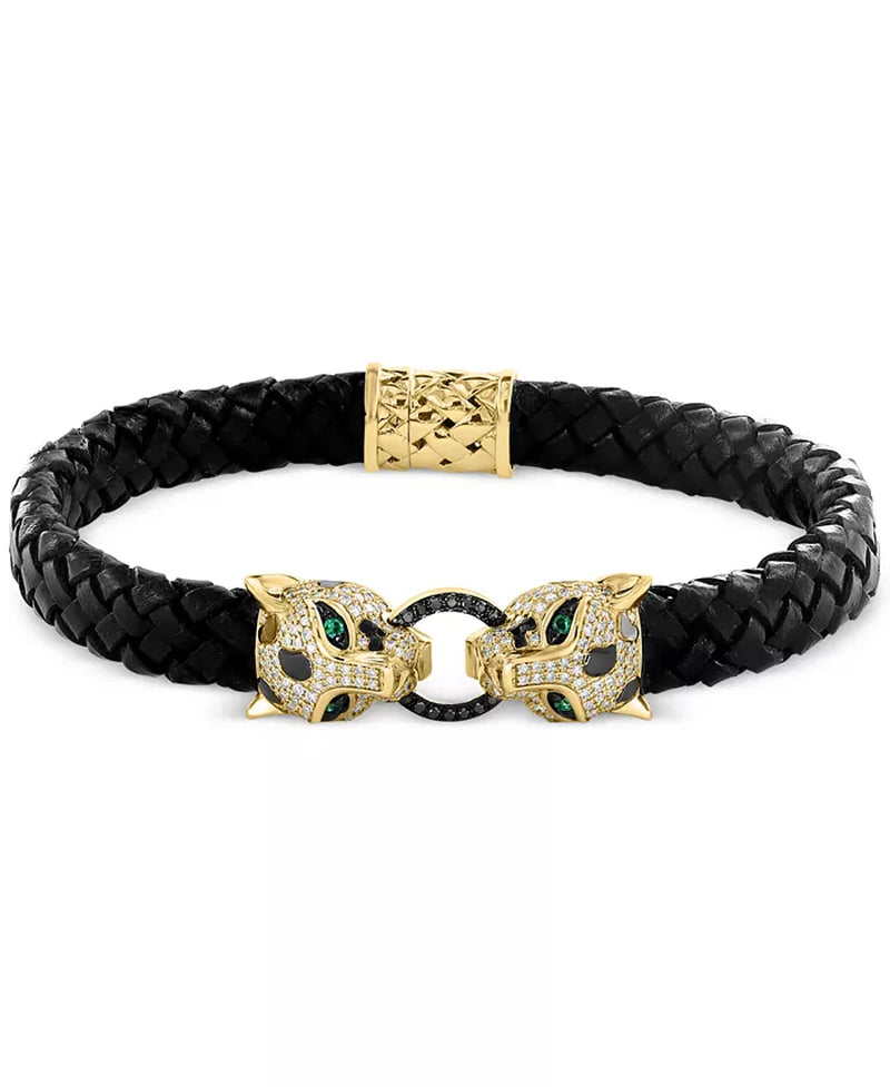 Luxurious EFFY® 14K Gold Panther Head Leather Bracelet with White & Black Diamonds and Emerald Accents - 7/8 Ct. T.W.