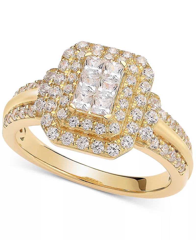 Stunning 1 Ct. Diamond Emerald Shaped Halo Cluster Engagement Ring in Luxurious 14K Gold