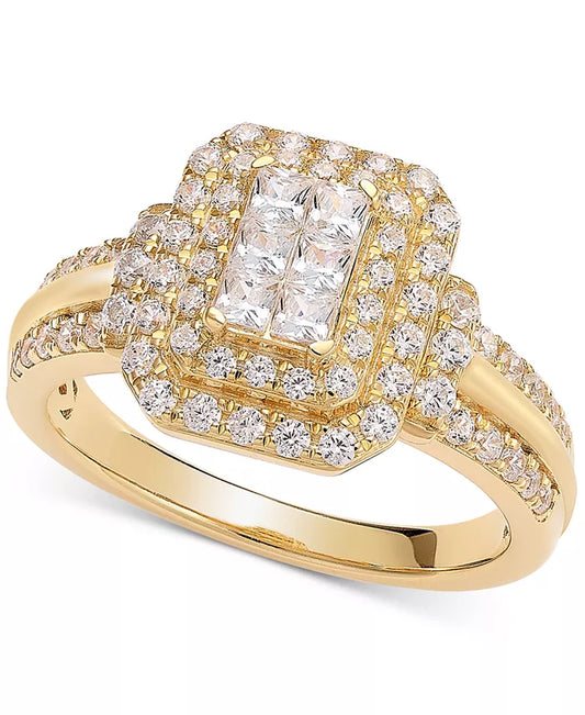 Stunning 1 Ct. Diamond Emerald Shaped Halo Cluster Engagement Ring in Luxurious 14K Gold