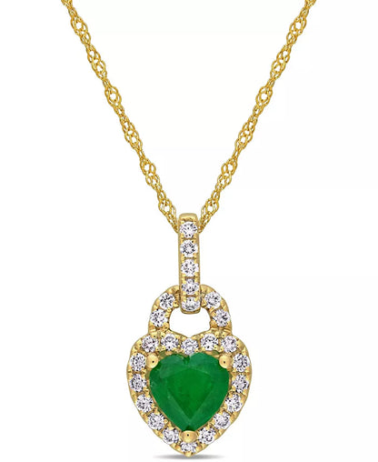 Stunning 14K Gold Heart Lock Pendant Necklace with Emerald & Diamond Accents - 17