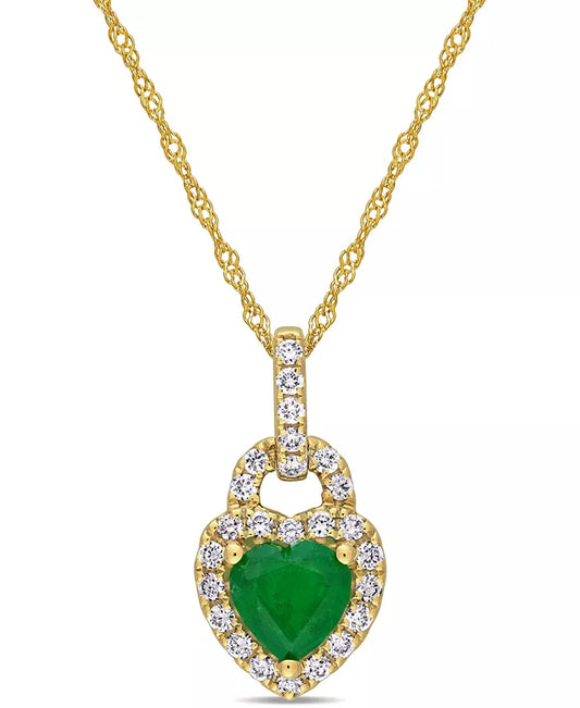 Stunning 14K Gold Heart Lock Pendant Necklace with Emerald & Diamond Accents - 17