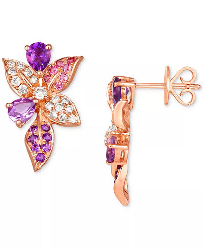 Stunning Multi-Gemstone & Nude Diamond Flower Drop Earrings in 14K Rose Gold - 1-1/2 Ct. T.W.