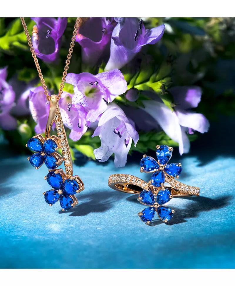 Stunning Blueberry Sapphire & Nude Diamond Flower Pendant Necklace in 14K Rose Gold - 1.5 Ct. T.W.