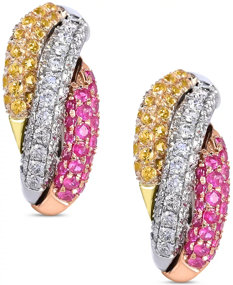 Stunning 14K White Gold Yellow and Pink Sapphire Earrings Set with Diamonds - 1.75 Ct. T.W.