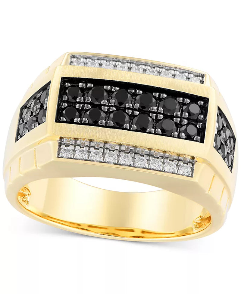 Stunning Men's 10K Gold Black & White Diamond Square Cluster Ring - 1 Ct. T.W.