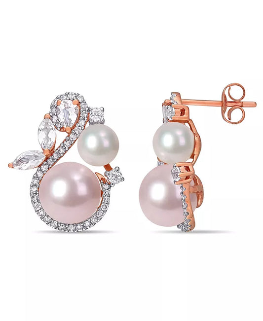 Elegant Swan Earrings with Freshwater Cultured Pearls, White Topaz, and Diamonds in 10K Rose Gold