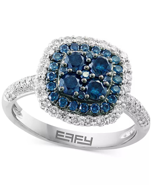 Stunning EFFY® 1-1/3 Ct. Blue & White Diamond Halo Cluster Ring in 14K White Gold