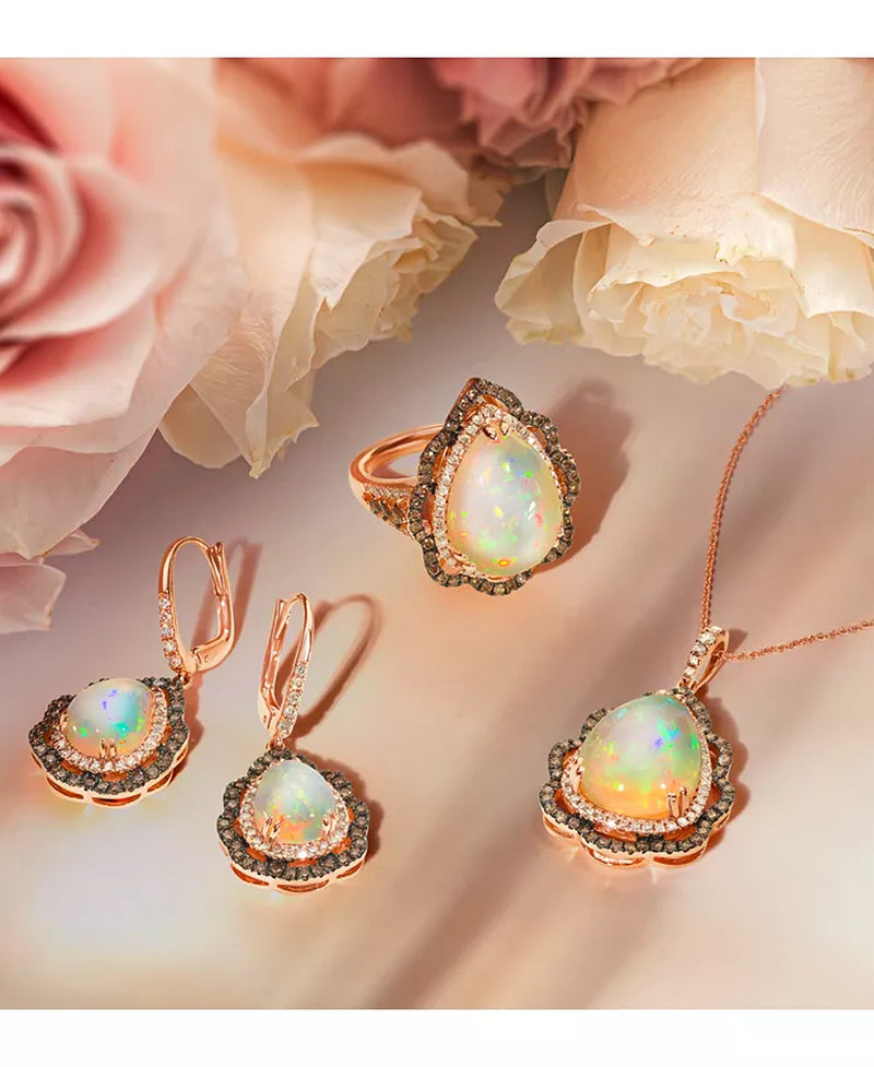 Stunning 14K Strawberry Gold Pendant Necklace with Neopolitan Opal, Nude & Chocolate Diamonds - 20" Length