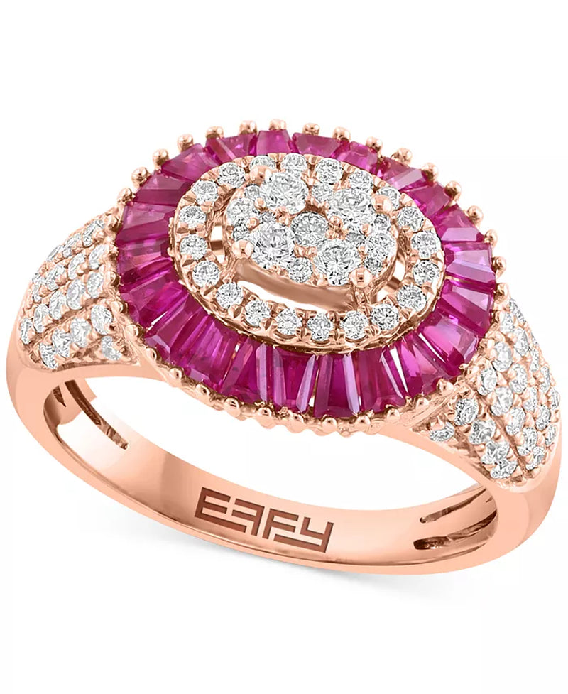 Stunning EFFY® 14K Rose Gold Ruby & Diamond Baguette Cluster Ring - 1-5/8 Ct. T.W.