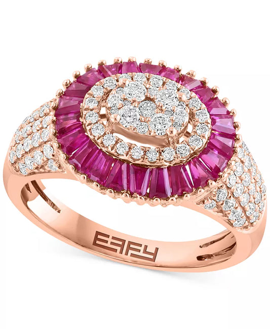 Stunning EFFY® 14K Rose Gold Ruby & Diamond Baguette Cluster Ring - 1-5/8 Ct. T.W.