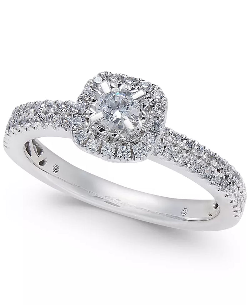 Stunning 1/2 Ct. T.W. Diamond Halo Engagement Ring in Elegant 14K White Gold