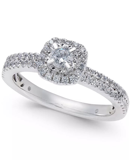 Stunning 1/2 Ct. T.W. Diamond Halo Engagement Ring in Elegant 14K White Gold