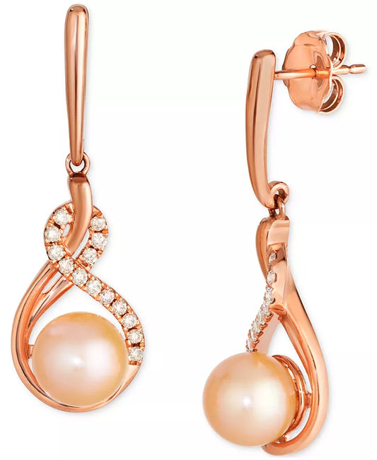Elegant 14K Rose Gold Twist Drop Earrings with Pink Freshwater Pearls and Nude Diamonds (1/5 Ct. T.W.)