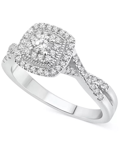 Stunning 5/8 Ct. T.W. Diamond Cushion Halo Twist Bridal Set in Luxurious 14K White Gold