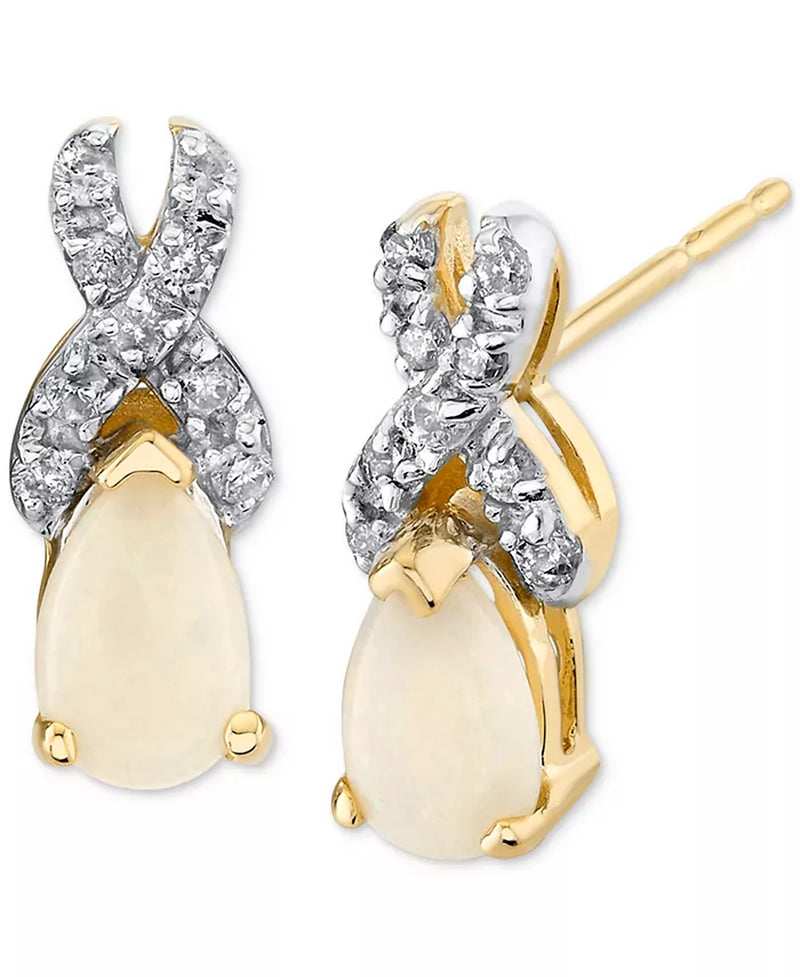 Stunning 14K Yellow Gold Diamond & Opal Earrings (1/8 Ct. T.W)