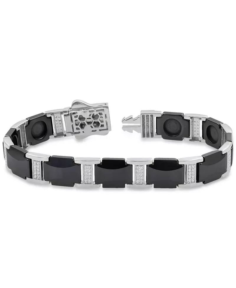 Stylish Men's Diamond & Black Ceramic Link Bracelet in Sterling Silver - 3/8 Ct. T.W.