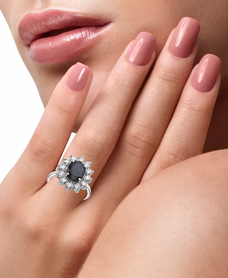 Stunning EFFY® 14K White Gold Halo Statement Ring with 2-7/8 Ct. T.W. Sapphire & 1-3/8 Ct. T.W. Diamond