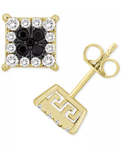 Stunning 10K Gold Men's Black & White Diamond Greek Key Stud Earrings (1/2 Ct. T.W.)