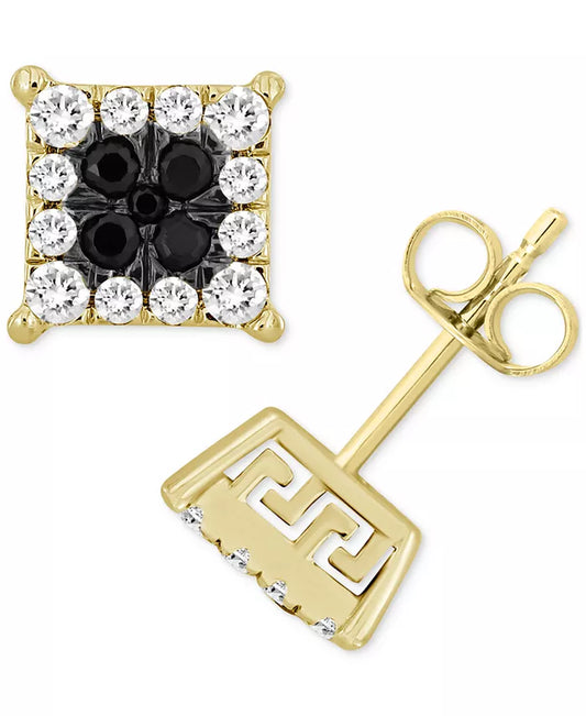 Stunning 10K Gold Men's Black & White Diamond Greek Key Stud Earrings (1/2 Ct. T.W.)