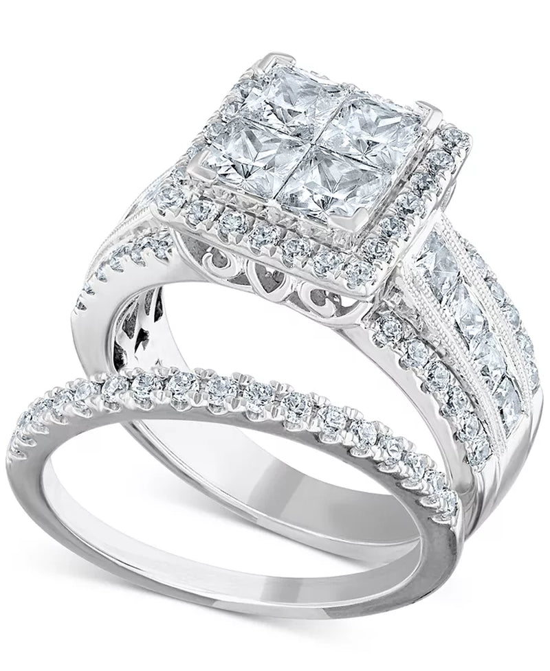 Stunning 3.5 Ct. Diamond Princess Halo Quad Cluster Bridal Set in Luxurious 14K White Gold