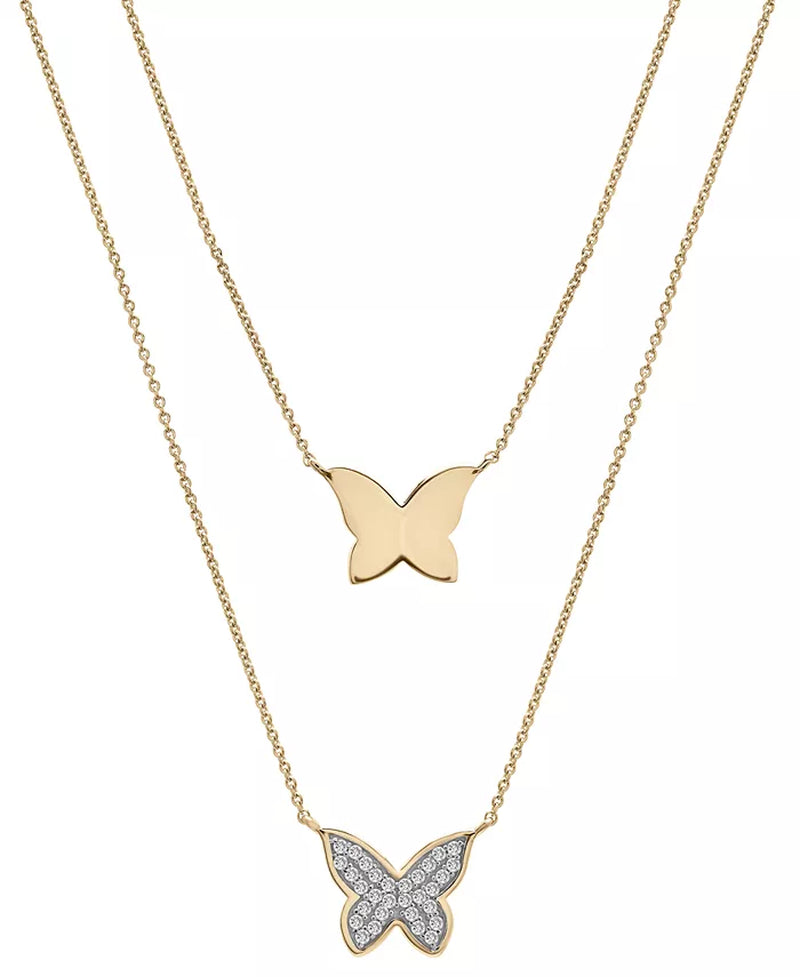 Stunning 10K Gold Diamond Pavé & Polished Butterfly Layered Pendant Necklace (1/6 Ct. T.W.) with 17" + 1" Extender – Exclusively at Macy's