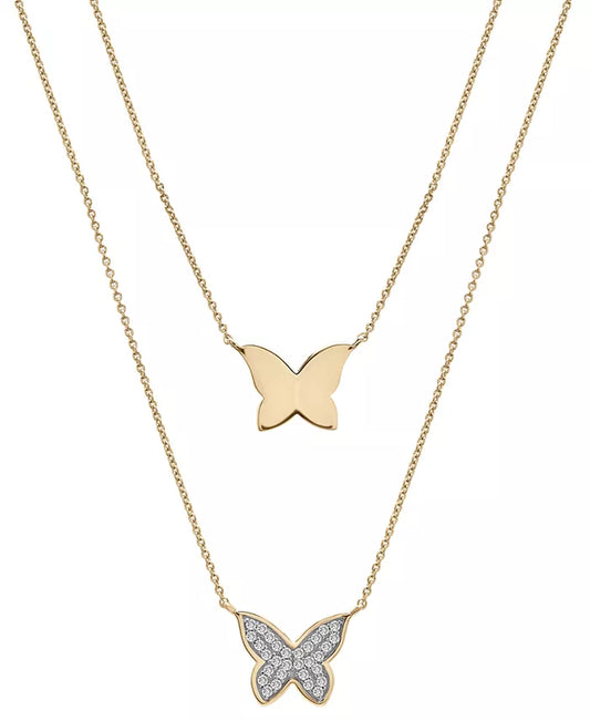 Stunning 10K Gold Diamond Pavé & Polished Butterfly Layered Pendant Necklace (1/6 Ct. T.W.) with 17