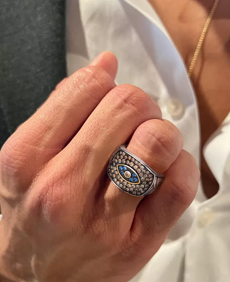 Chocolatier® Men's Blueberry Sapphire & Chocolate Diamond Evil Eye Ring in 14K Two-Tone Gold - 1/6 Ct. T.W. & 1-1/4 Ct. T.W.