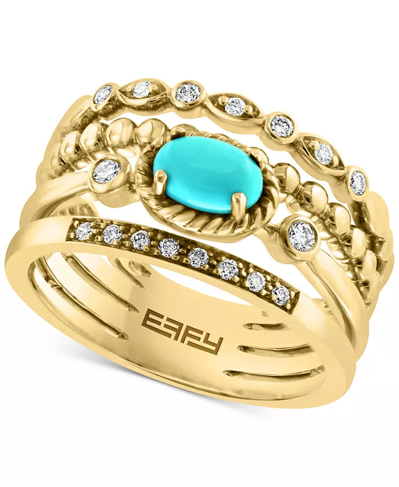 Stunning EFFY® 14K Gold Multirow Turquoise & Diamond Ring (1/6 Ct. T.W.)