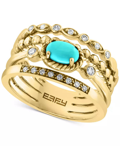 Stunning EFFY® 14K Gold Multirow Turquoise & Diamond Ring (1/6 Ct. T.W.)