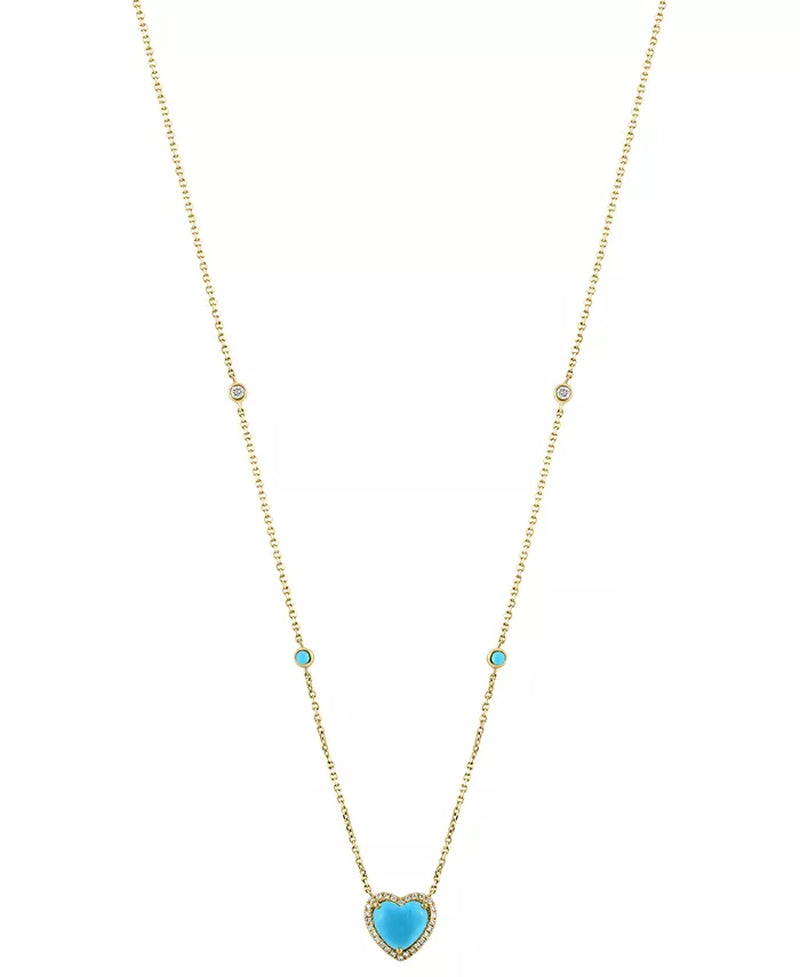 Stunning EFFY® 14K Gold Heart Halo Pendant Necklace with Turquoise & Diamond Accents (1/6 Ct. T.W.) - 16" + 2" Extender