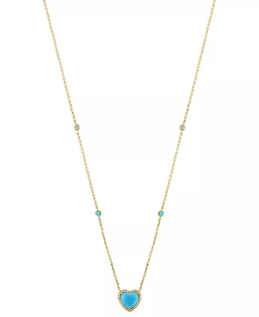 Stunning EFFY® 14K Gold Heart Halo Pendant Necklace with Turquoise & Diamond Accents (1/6 Ct. T.W.) - 16