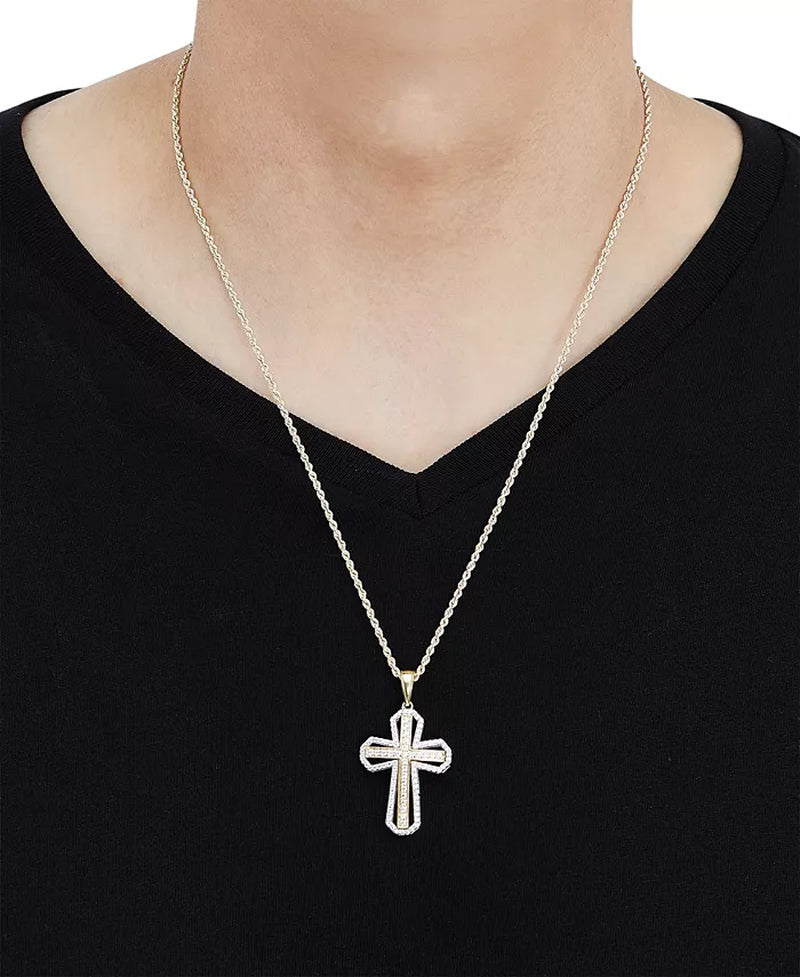 Stunning 1 Ct. Lab Grown Diamond Cross Pendant Necklace for Men in 14K Two-Tone Gold - 22" Chain