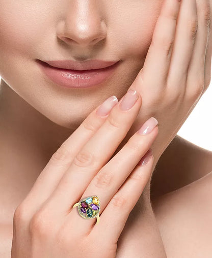 Stunning EFFY® 14K Gold Pear Halo Statement Ring with Multi-Gemstones (3-1/4 Ct. T.W.) & Diamonds (1/6 Ct. T.W.)