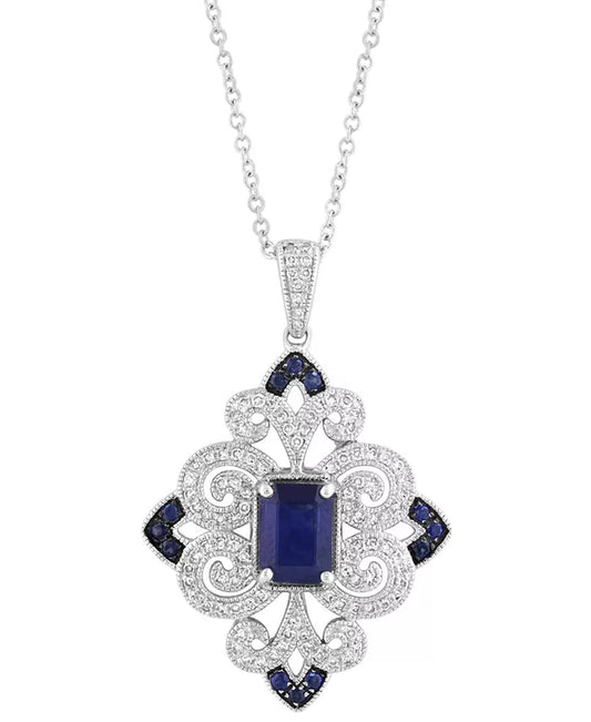 Stunning EFFY® Sapphire & Diamond Filigree Pendant Necklace in Sterling Silver - 1-1/6 Ct. T.W. & 1/3 Ct. T.W.